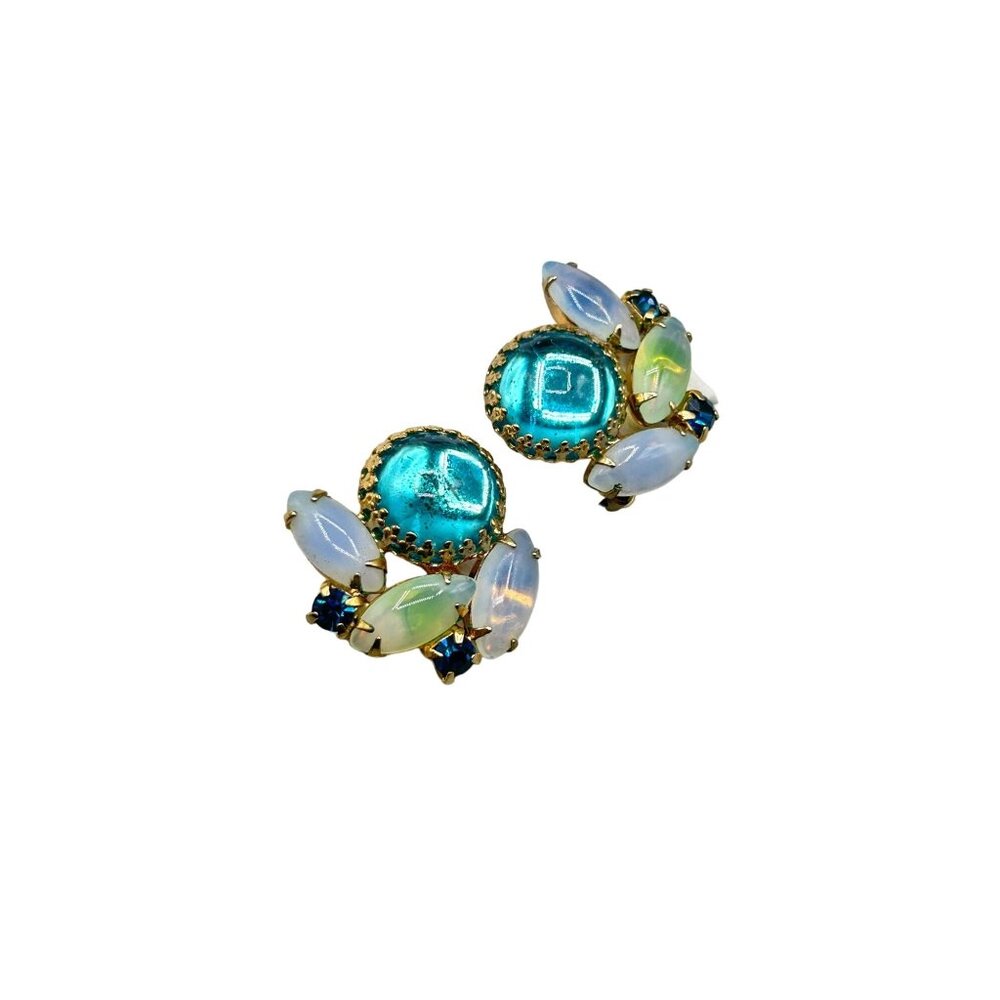 Vintage Clip On Earrings with Blue & Opalescent Glass Stones Colorful Jewelry
